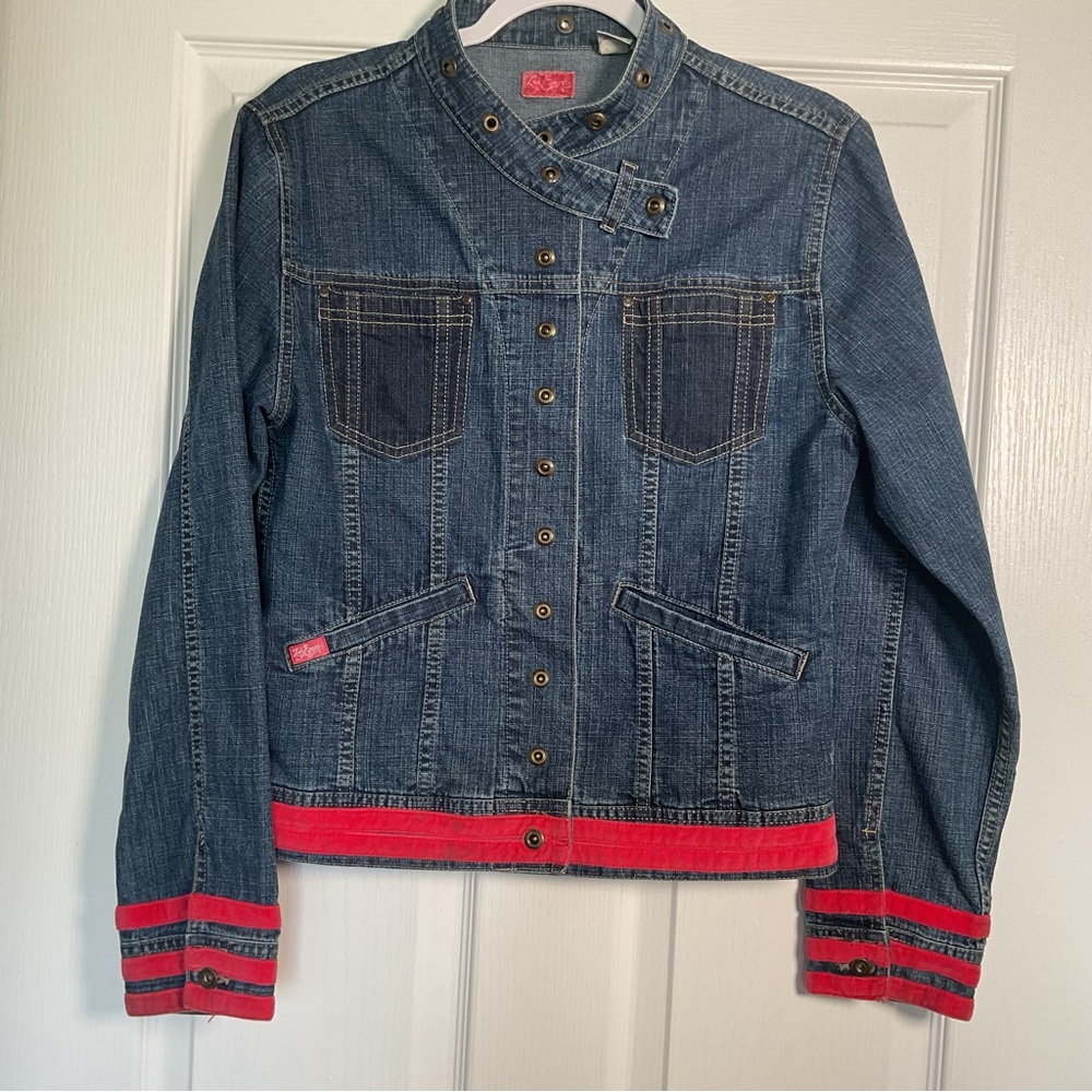 Women's Blue Denim Jacket with Red Trim - Stand Collar Snap Front